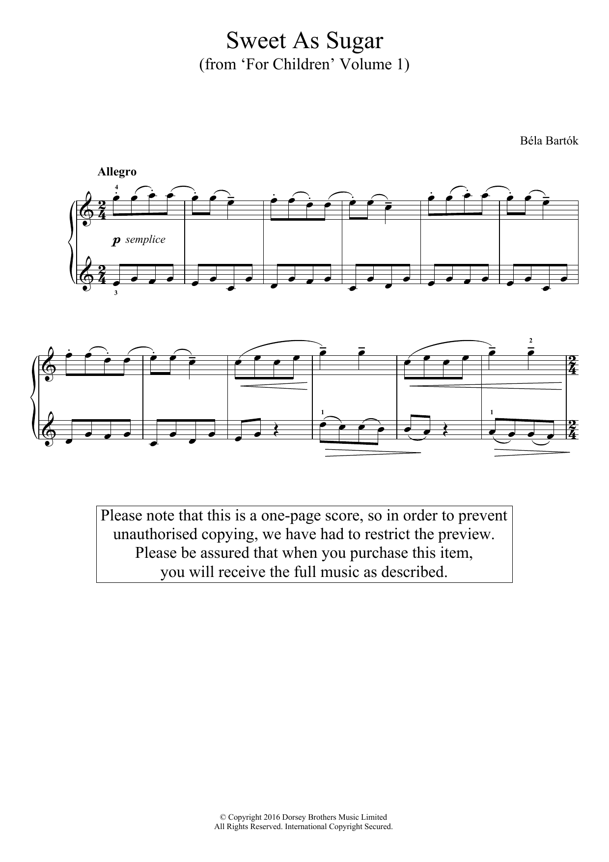 Download Bela Bartok Sweet As Sugar (from 'For Children', Volume 1) Sheet Music and learn how to play Easy Piano PDF digital score in minutes