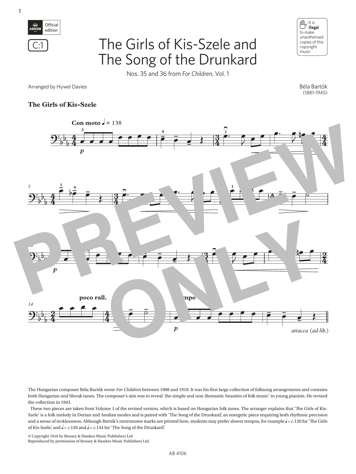 Download Béla Bartók The Girls of Kis-Szele and The Song of the Drunkard (Grade 3, C1 from the ABRSM Sheet Music and learn how to play Cello Solo PDF digital score in minutes