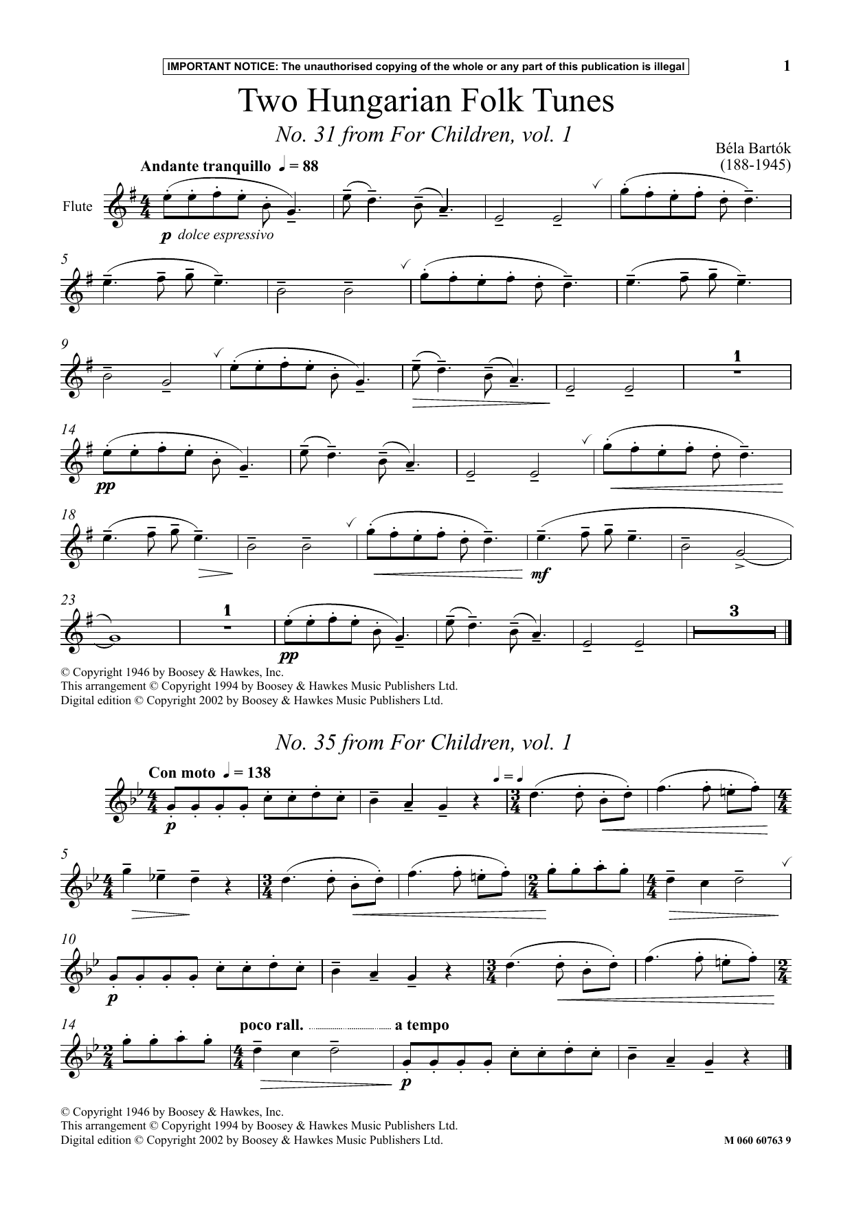 Download Béla Bartók Two Hungarian Folk Tunes (No. 31 from For Children, Vol. 1) Sheet Music and learn how to play Instrumental Solo PDF digital score in minutes