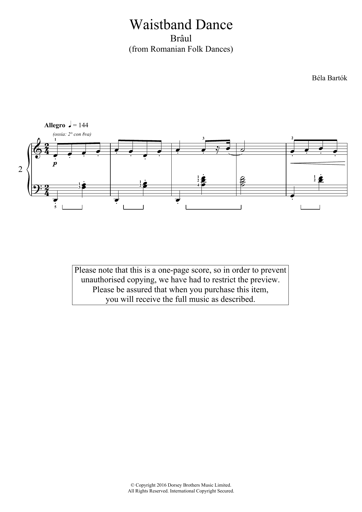 Download Bela Bartok Waistband Dance (From Romanian Folk Dances) Sheet Music and learn how to play Piano PDF digital score in minutes