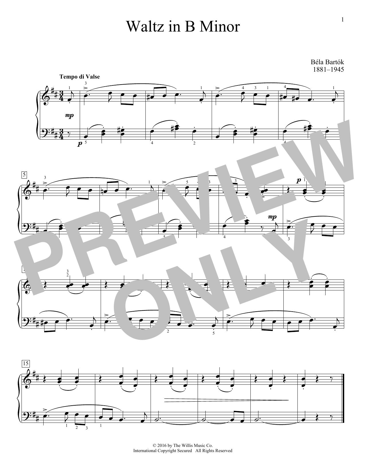 Download Bela Bartok Waltz In B Minor Sheet Music and learn how to play Educational Piano PDF digital score in minutes