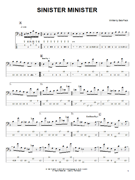 Download Bela Fleck & The Flecktones Sinister Minister Sheet Music and learn how to play Bass Guitar Tab PDF digital score in minutes