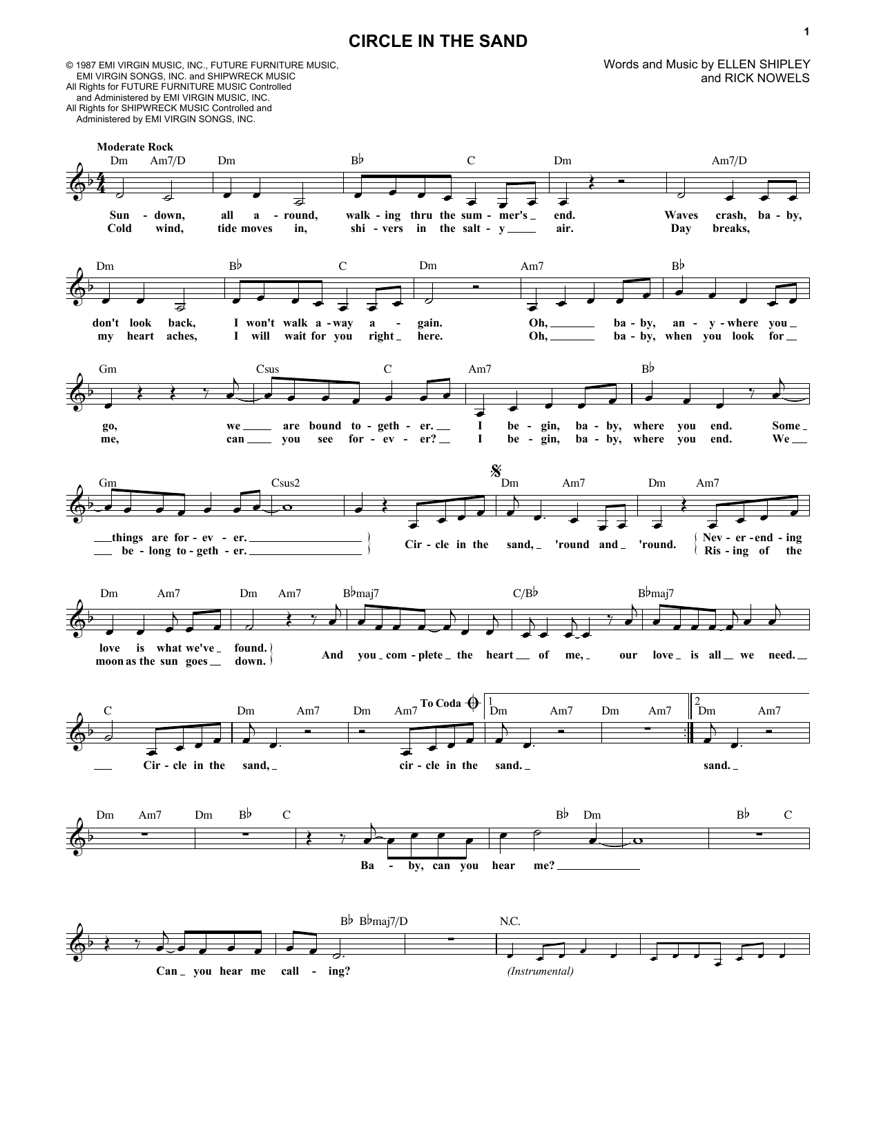 Download Belinda Carlisle Circle In The Sand Sheet Music and learn how to play Melody Line, Lyrics & Chords PDF digital score in minutes