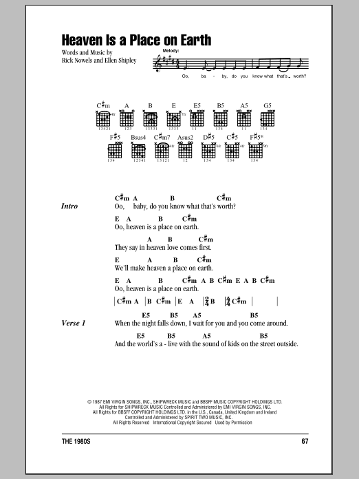 Download Belinda Carlisle Heaven Is A Place On Earth Sheet Music and learn how to play Guitar Tab PDF digital score in minutes