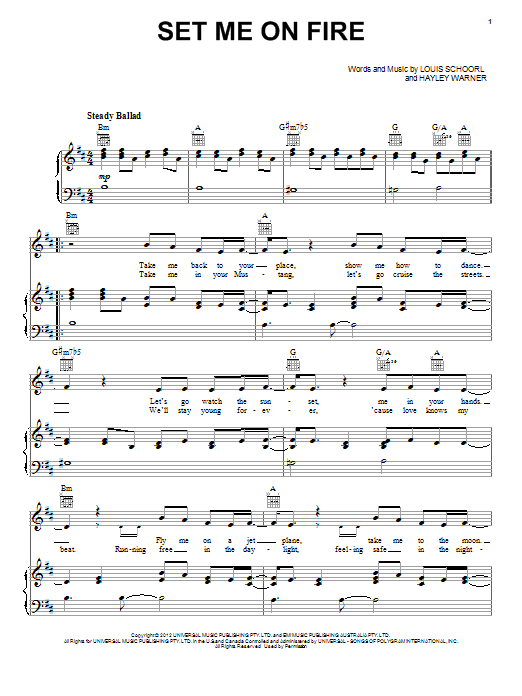 Download Bella Ferraro Set Me On Fire Sheet Music and learn how to play Piano, Vocal & Guitar (Right-Hand Melody) PDF digital score in minutes