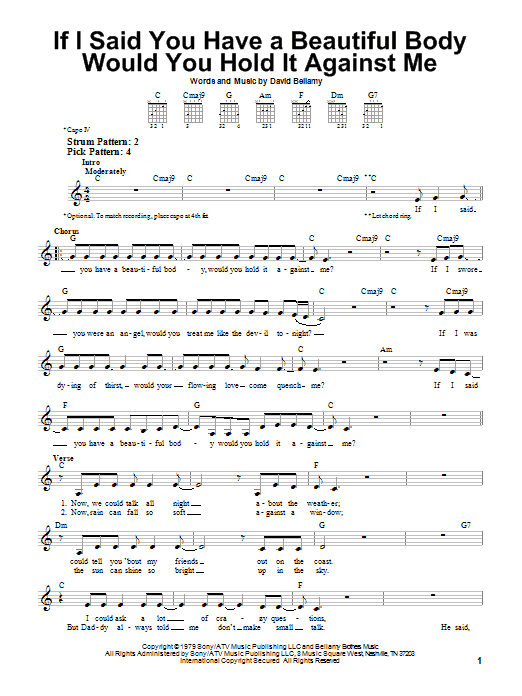 Download The Bellamy Brothers If I Said You Have A Beautiful Body Would You Hold It Against Me Sheet Music and learn how to play Piano, Vocal & Guitar (Right-Hand Melody) PDF digital score in minutes