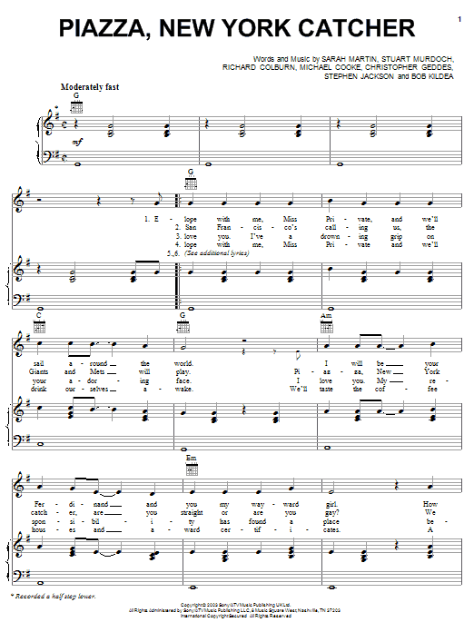 Download Belle & Sebastian Piazza, New York Catcher Sheet Music and learn how to play Piano, Vocal & Guitar (Right-Hand Melody) PDF digital score in minutes