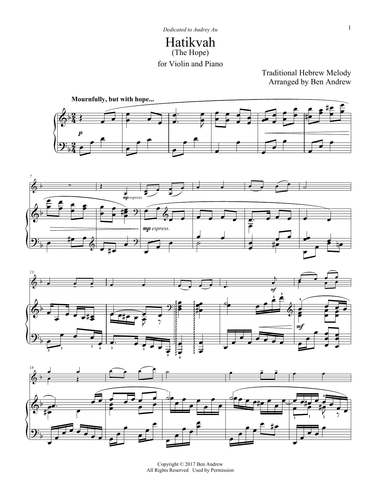 Download Ben Andrew Hatikvah (The Hope) Sheet Music and learn how to play Violin and Piano PDF digital score in minutes