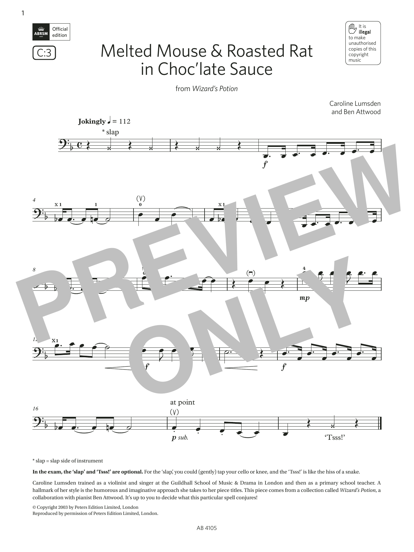 Download Ben Attwood Melted Mouse & Roasted Rat in Choc'late Sauce (Grade 2, C3, from the ABRSM Cello Sheet Music and learn how to play Cello Solo PDF digital score in minutes