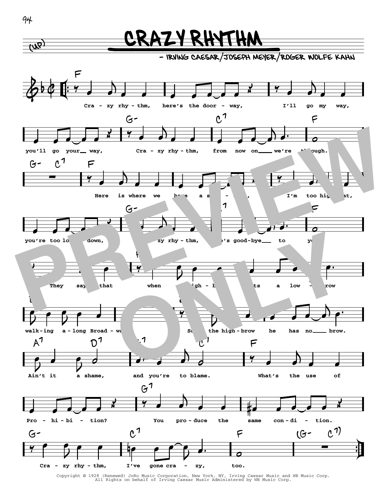 Download Ben Bernie Crazy Rhythm (arr. Robert Rawlins) Sheet Music and learn how to play Real Book – Melody, Lyrics & Chords PDF digital score in minutes