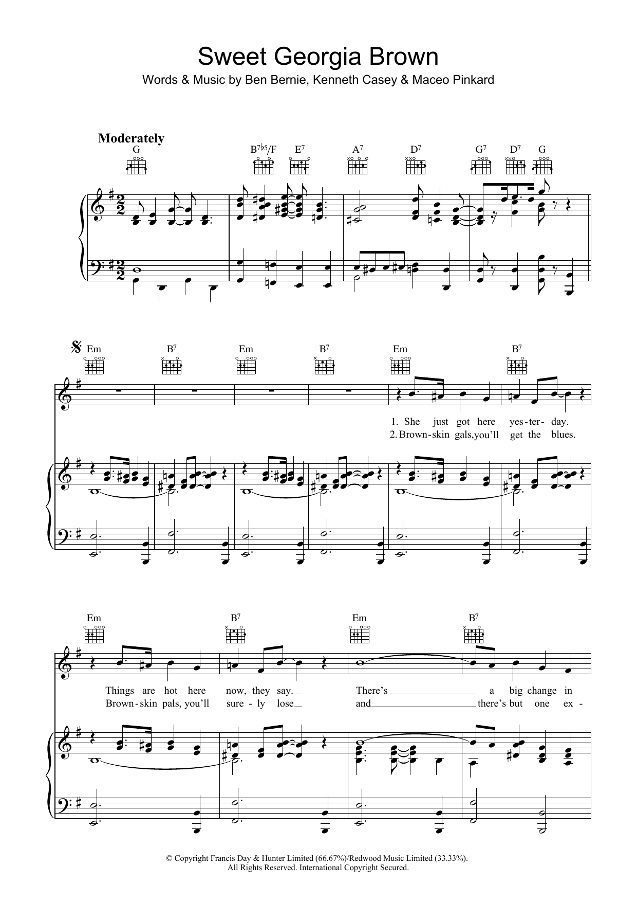Download Ben Bernie Sweet Georgia Brown Sheet Music and learn how to play Piano, Vocal & Guitar (Right-Hand Melody) PDF digital score in minutes