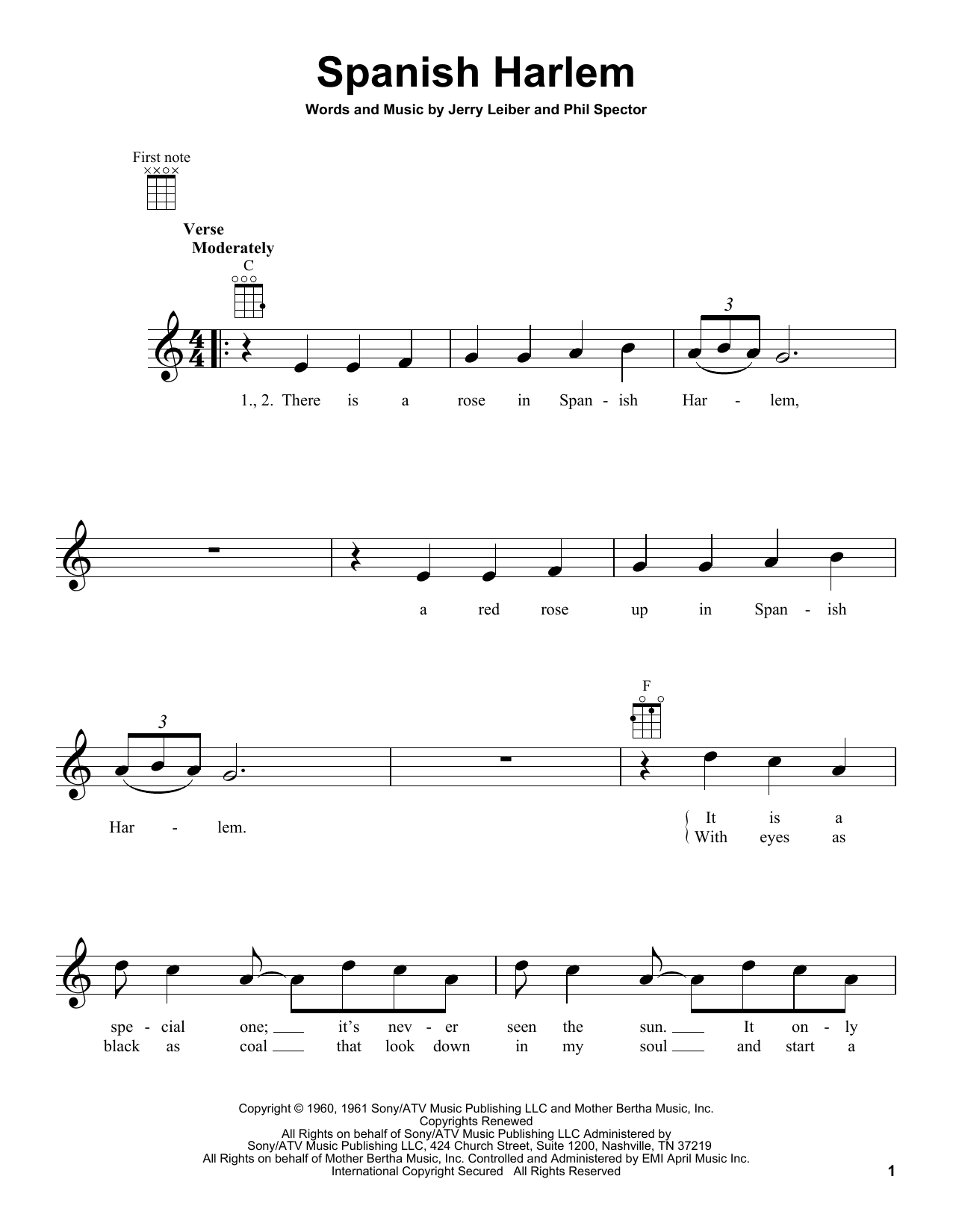 Download Ben E. King Spanish Harlem Sheet Music and learn how to play Melody Line, Lyrics & Chords PDF digital score in minutes