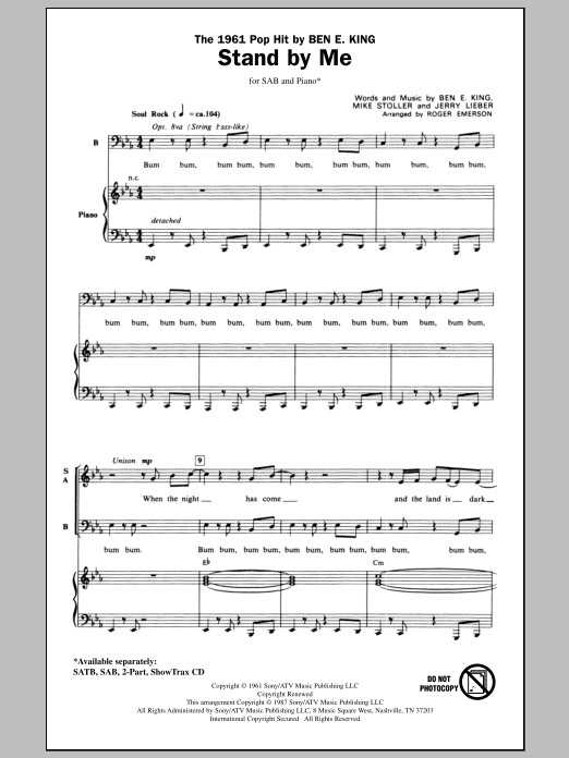 Download Ben E. King Stand By Me (arr. Roger Emerson) Sheet Music and learn how to play SAB PDF digital score in minutes