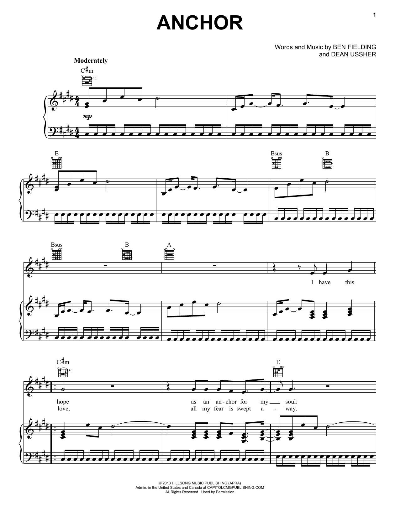 Download Ben Fielding & Dean Ussher Anchor Sheet Music and learn how to play Piano, Vocal & Guitar (Right-Hand Melody) PDF digital score in minutes