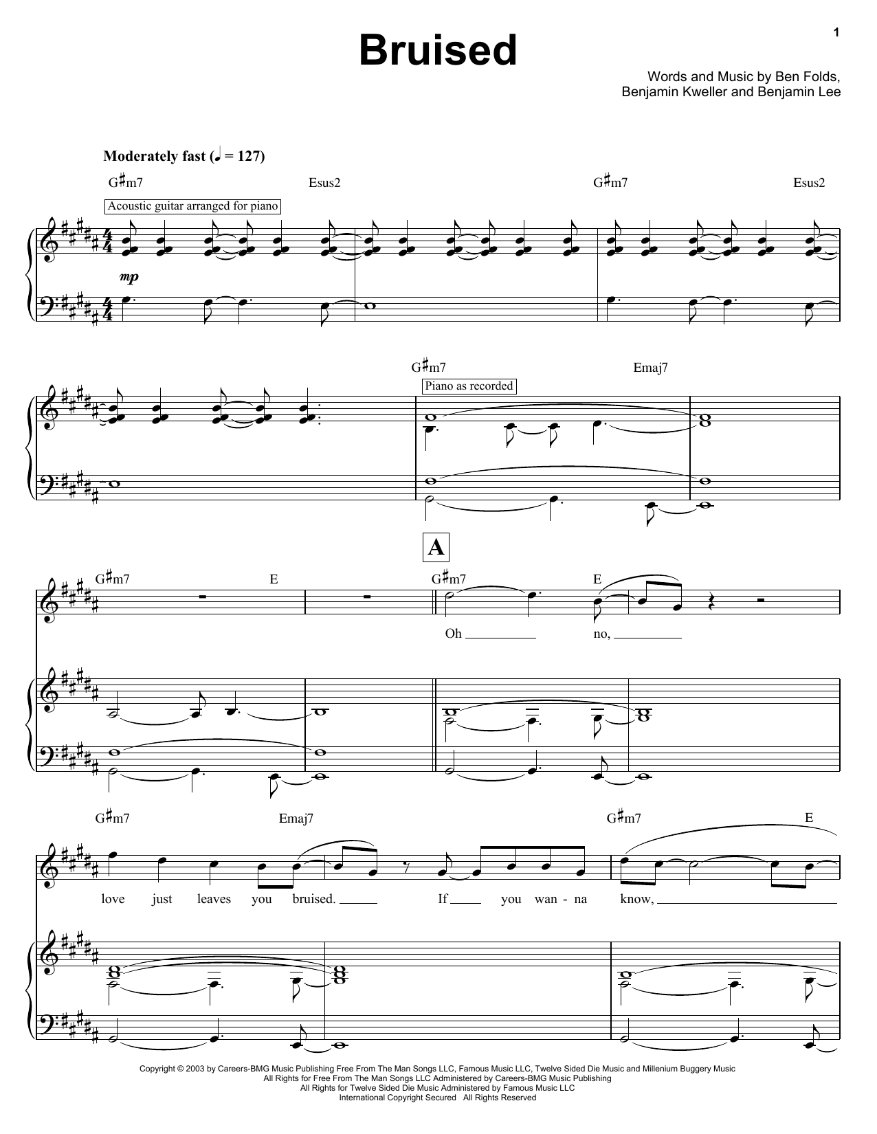 Download Ben Folds Bruised Sheet Music and learn how to play Keyboard Transcription PDF digital score in minutes