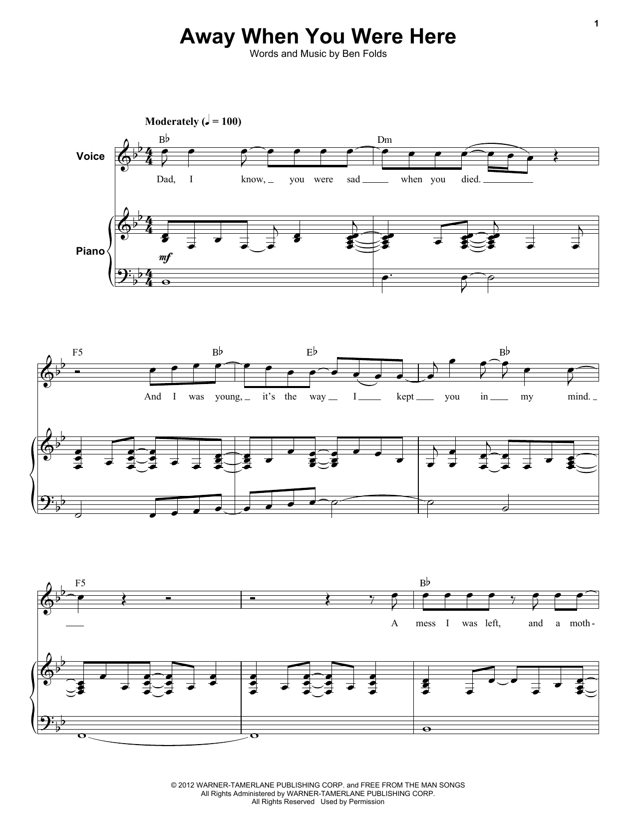 Download Ben Folds Five Away When You Were Here Sheet Music and learn how to play Keyboard Transcription PDF digital score in minutes