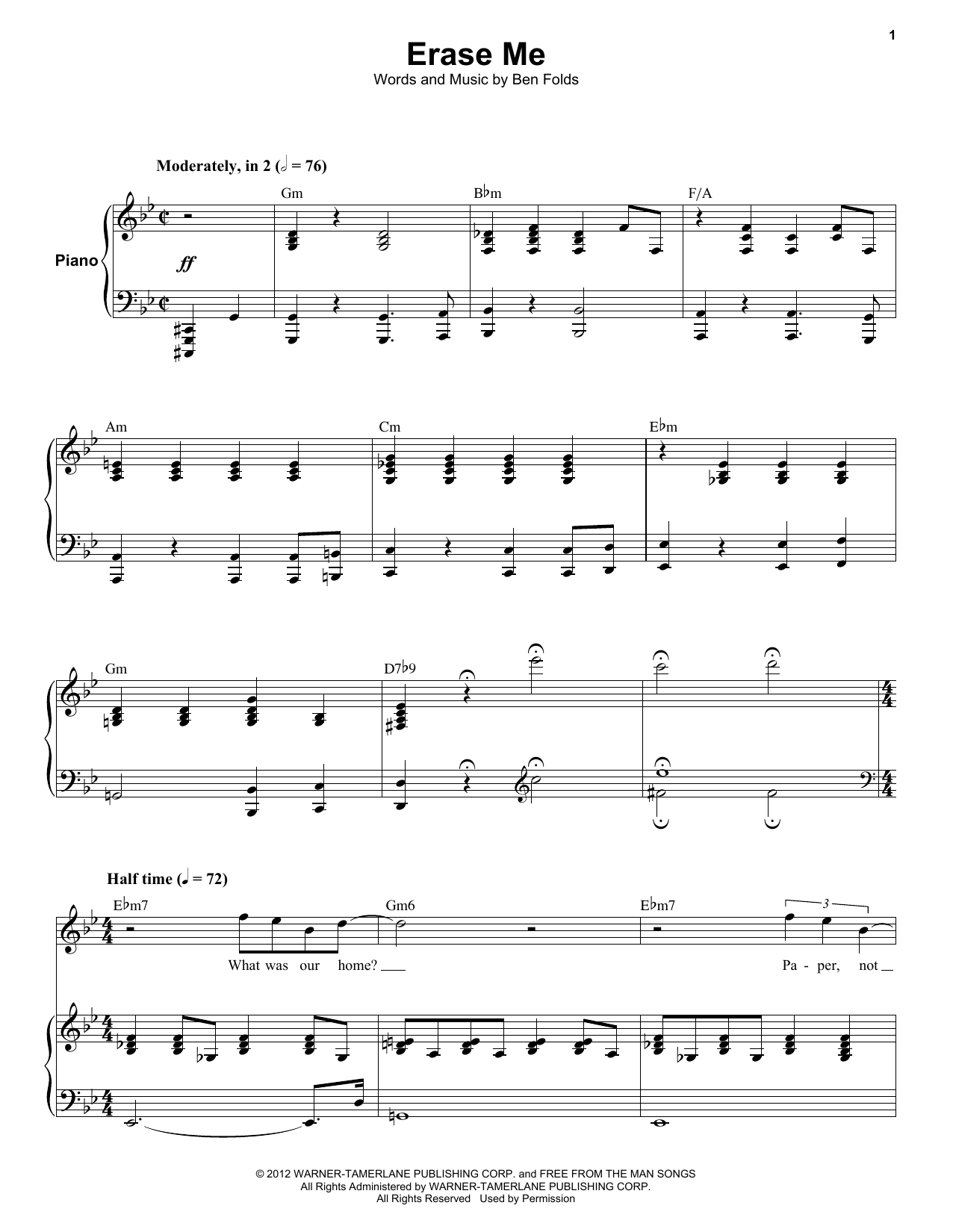 Download Ben Folds Five Erase Me Sheet Music and learn how to play Keyboard Transcription PDF digital score in minutes