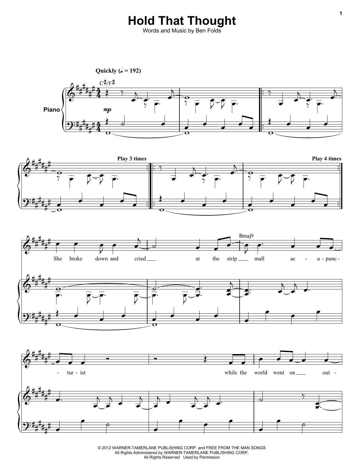Download Ben Folds Five Hold That Thought Sheet Music and learn how to play Keyboard Transcription PDF digital score in minutes
