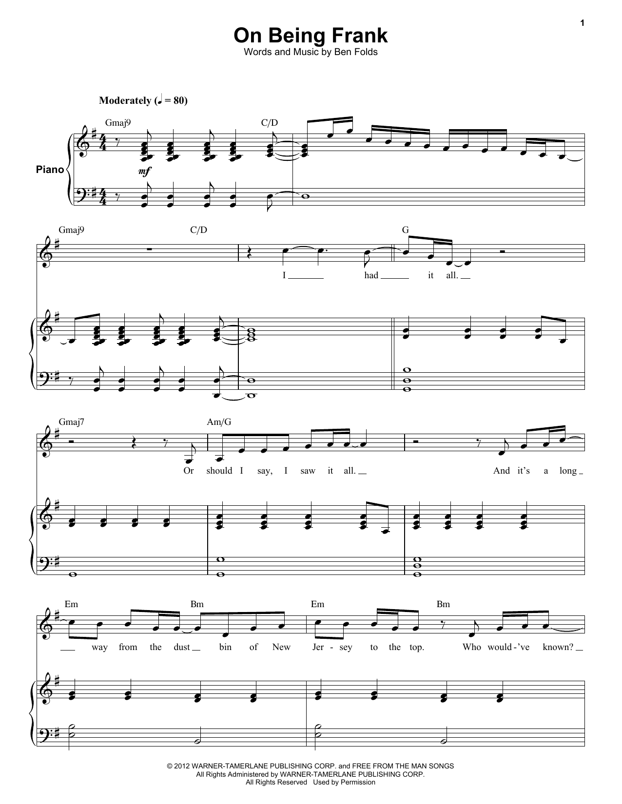 Download Ben Folds Five On Being Frank Sheet Music and learn how to play Keyboard Transcription PDF digital score in minutes