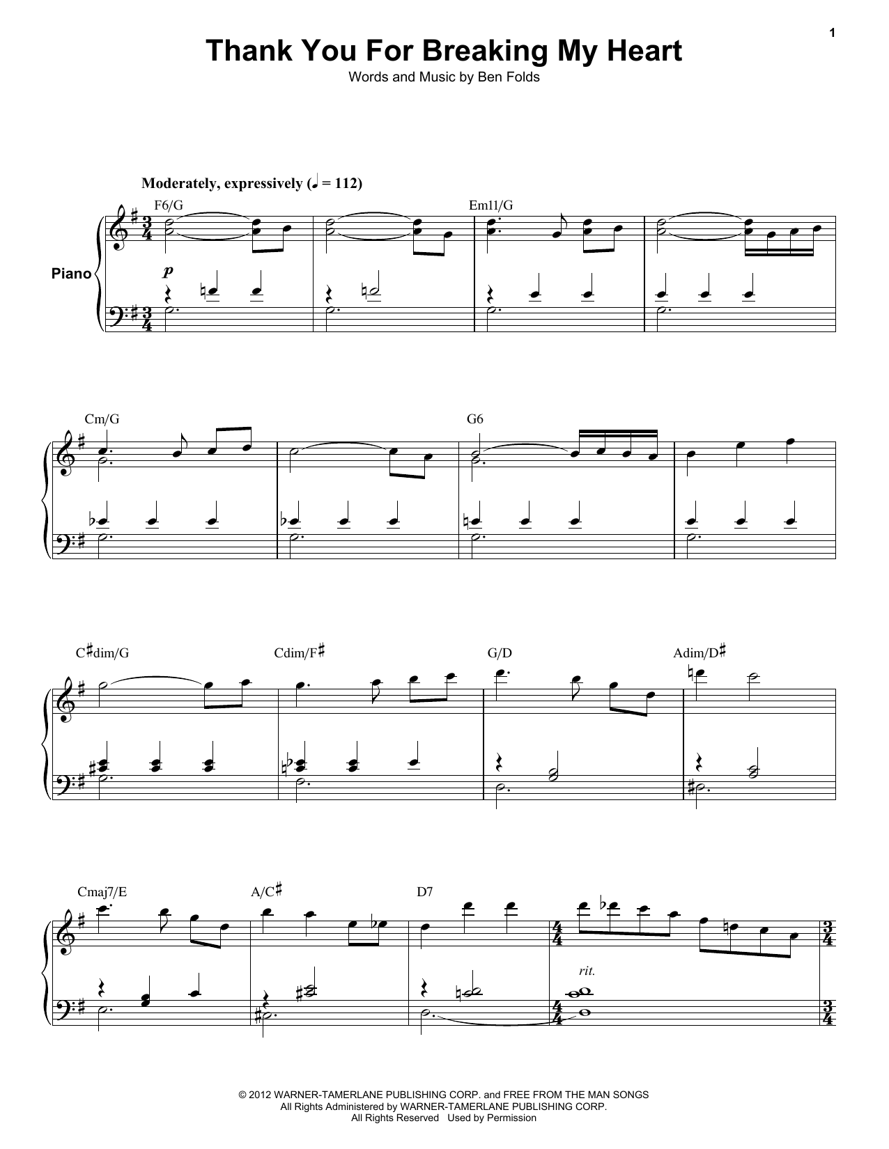 Download Ben Folds Five Thank You For Breaking My Heart Sheet Music and learn how to play Keyboard Transcription PDF digital score in minutes
