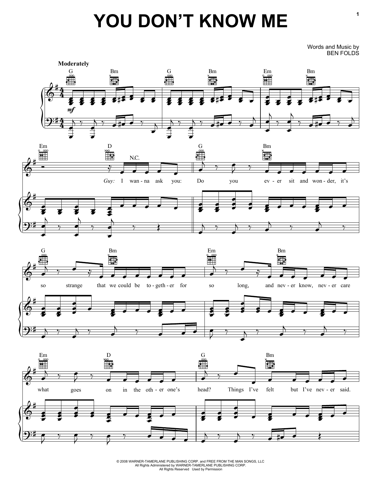 Download Ben Folds Five You Don't Know Me Sheet Music and learn how to play Piano, Vocal & Guitar (Right-Hand Melody) PDF digital score in minutes