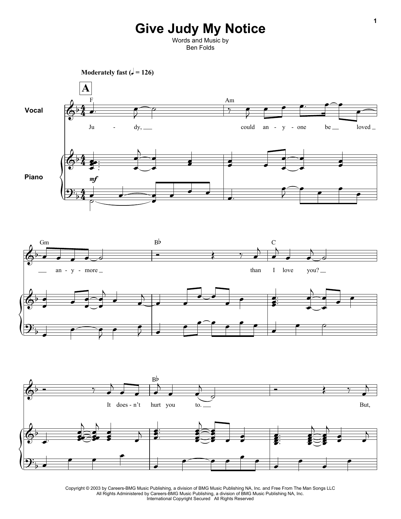 Download Ben Folds Give Judy My Notice Sheet Music and learn how to play Keyboard Transcription PDF digital score in minutes