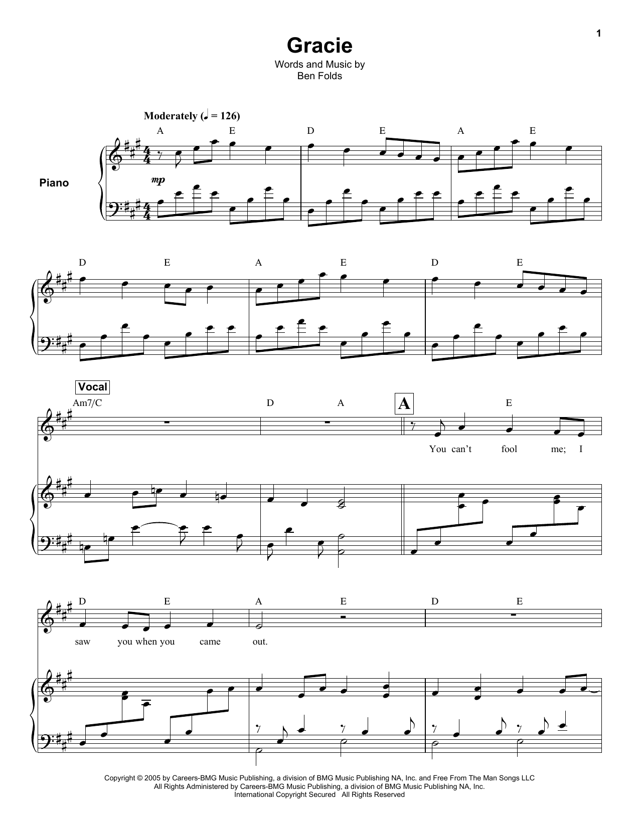 Download Ben Folds Gracie Sheet Music and learn how to play Keyboard Transcription PDF digital score in minutes