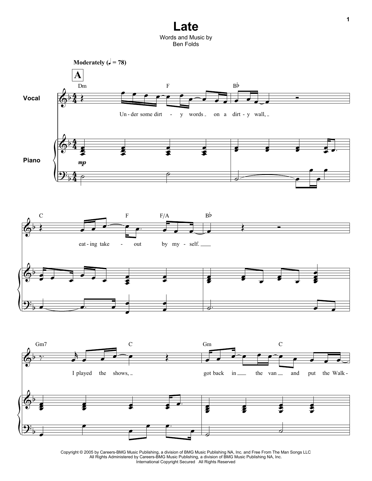 Download Ben Folds Late Sheet Music and learn how to play Keyboard Transcription PDF digital score in minutes