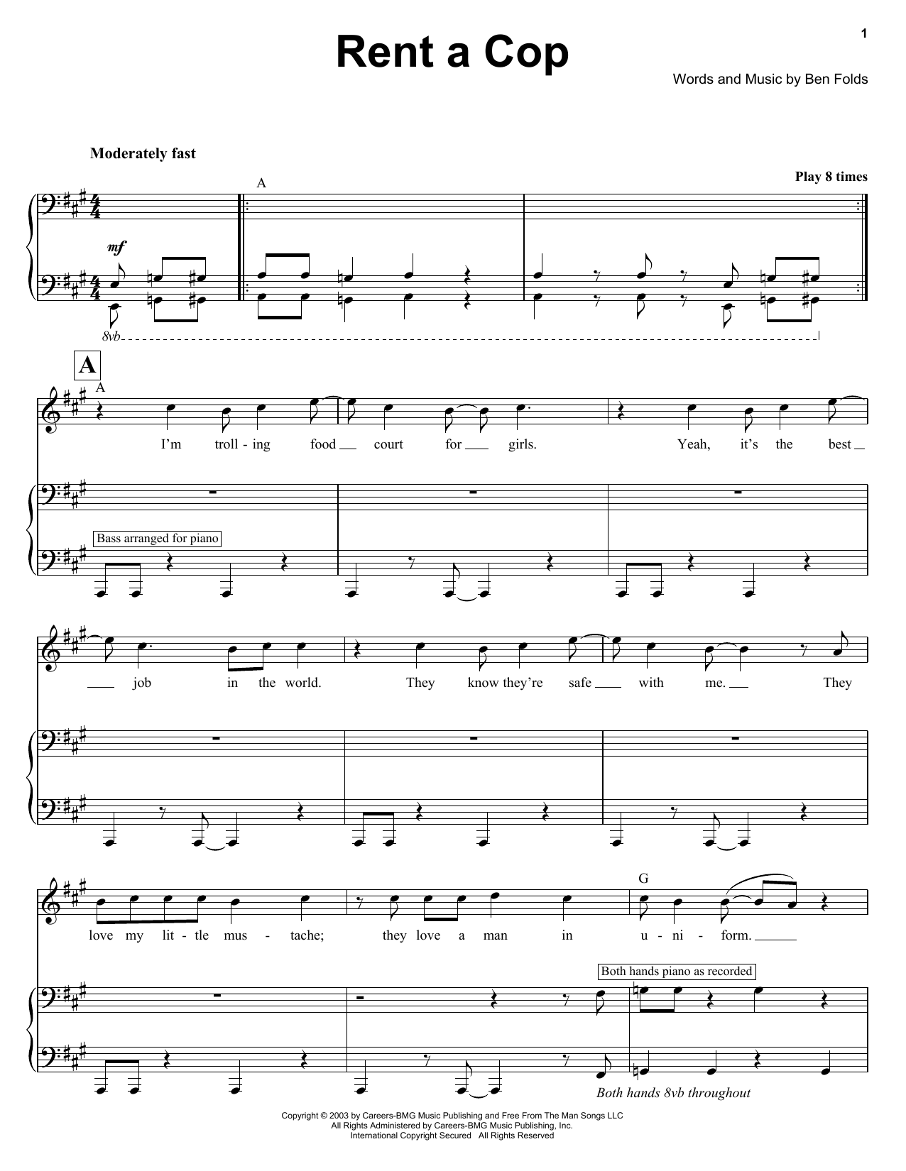Download Ben Folds Rent A Cop Sheet Music and learn how to play Keyboard Transcription PDF digital score in minutes