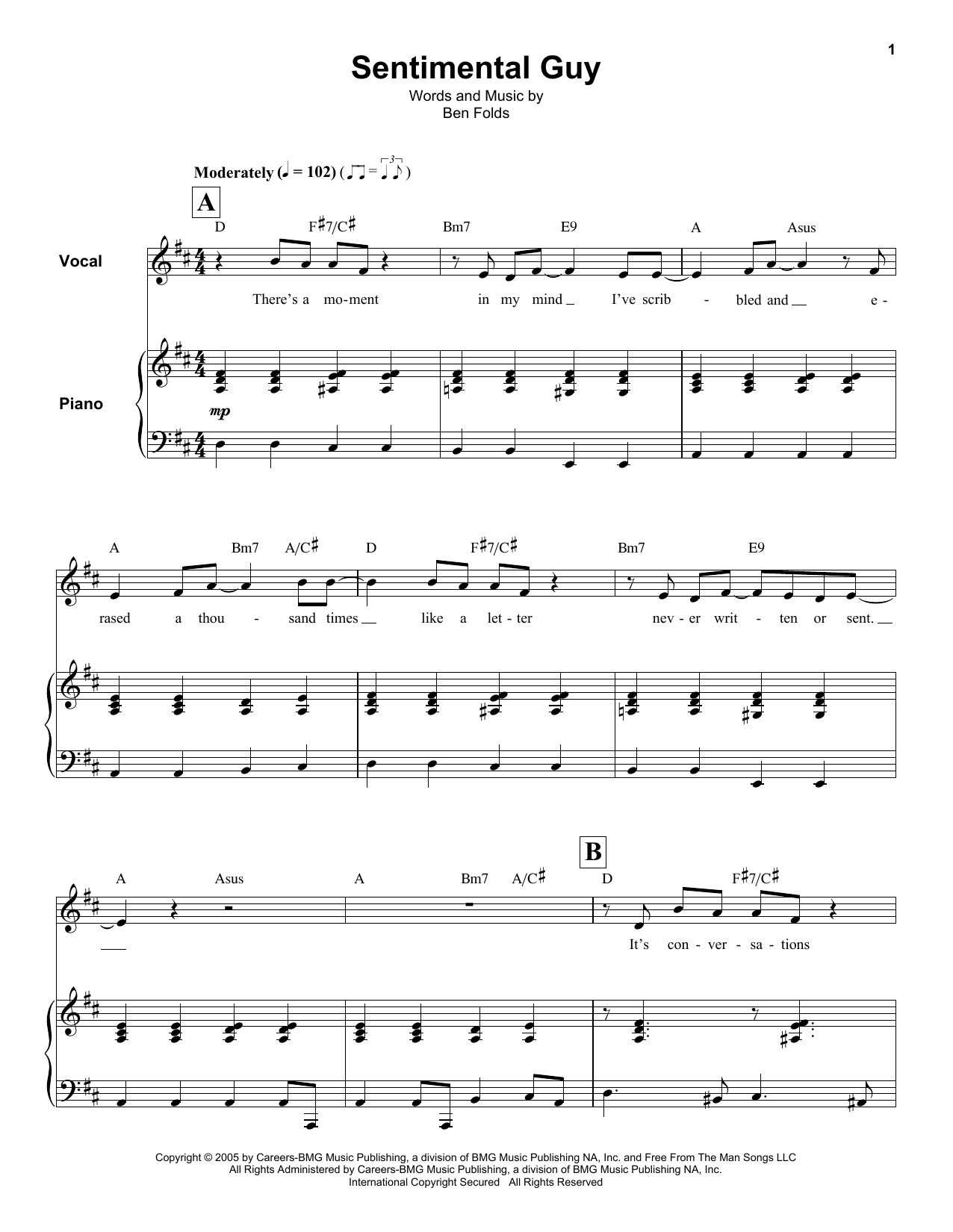 Download Ben Folds Sentimental Guy Sheet Music and learn how to play Keyboard Transcription PDF digital score in minutes
