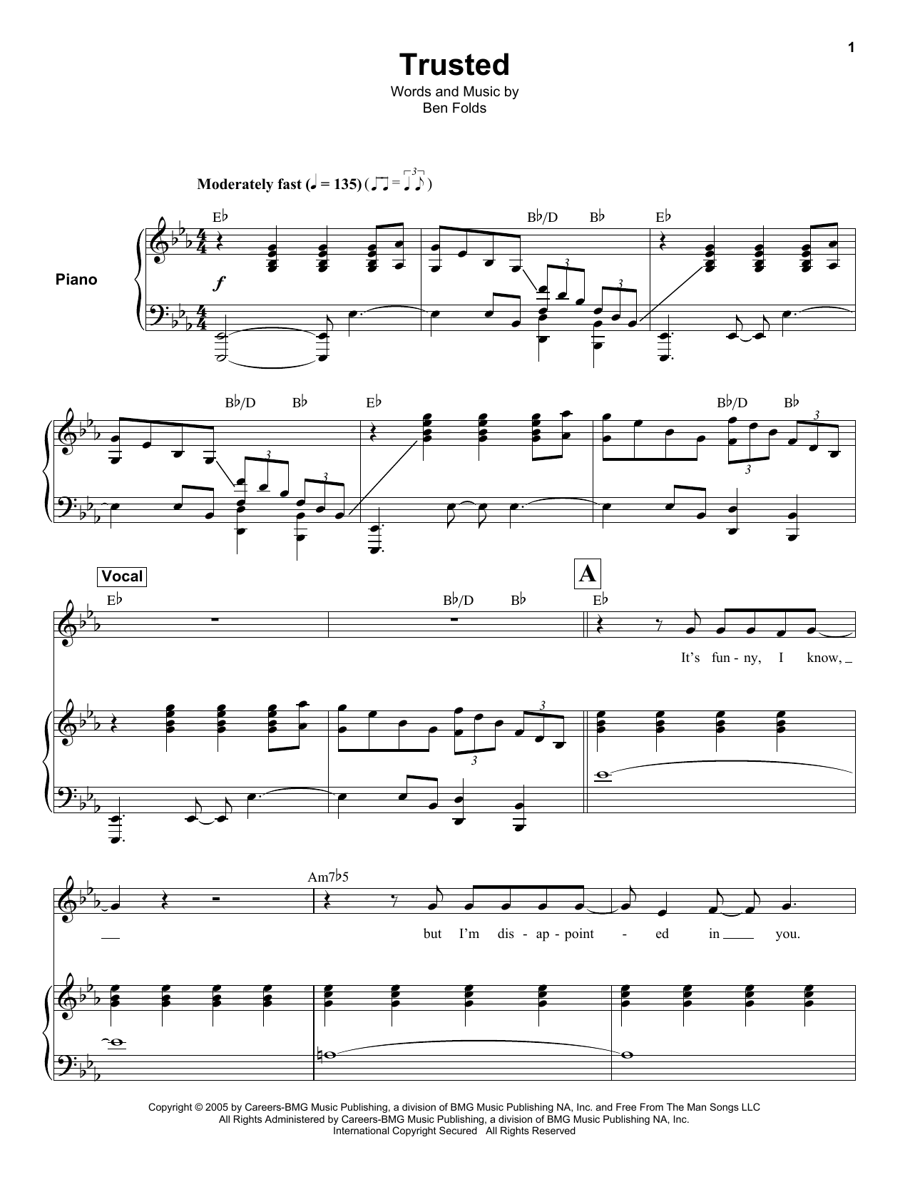 Download Ben Folds Trusted Sheet Music and learn how to play Keyboard Transcription PDF digital score in minutes