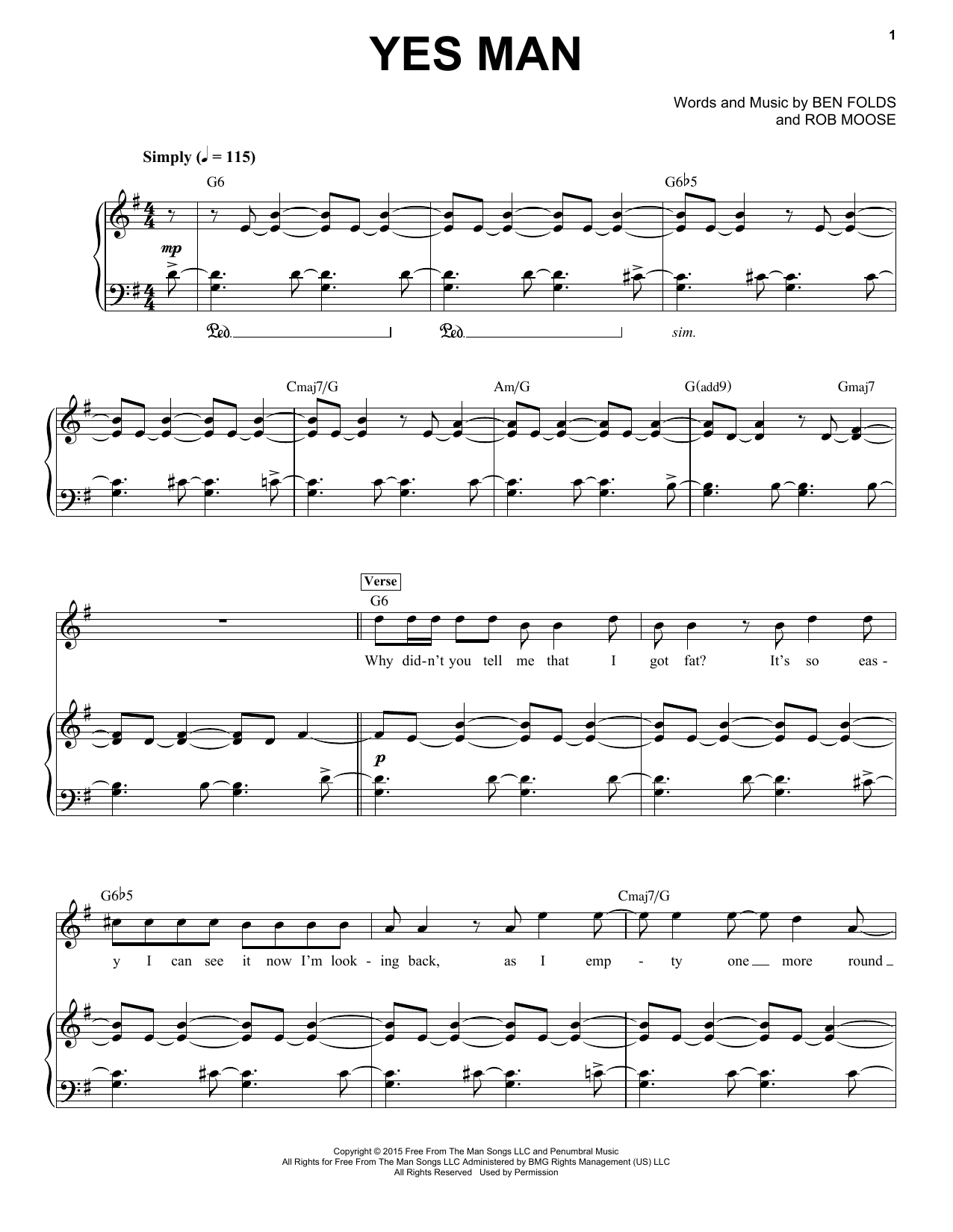 Download Ben Folds Yes Man Sheet Music and learn how to play Piano & Vocal PDF digital score in minutes
