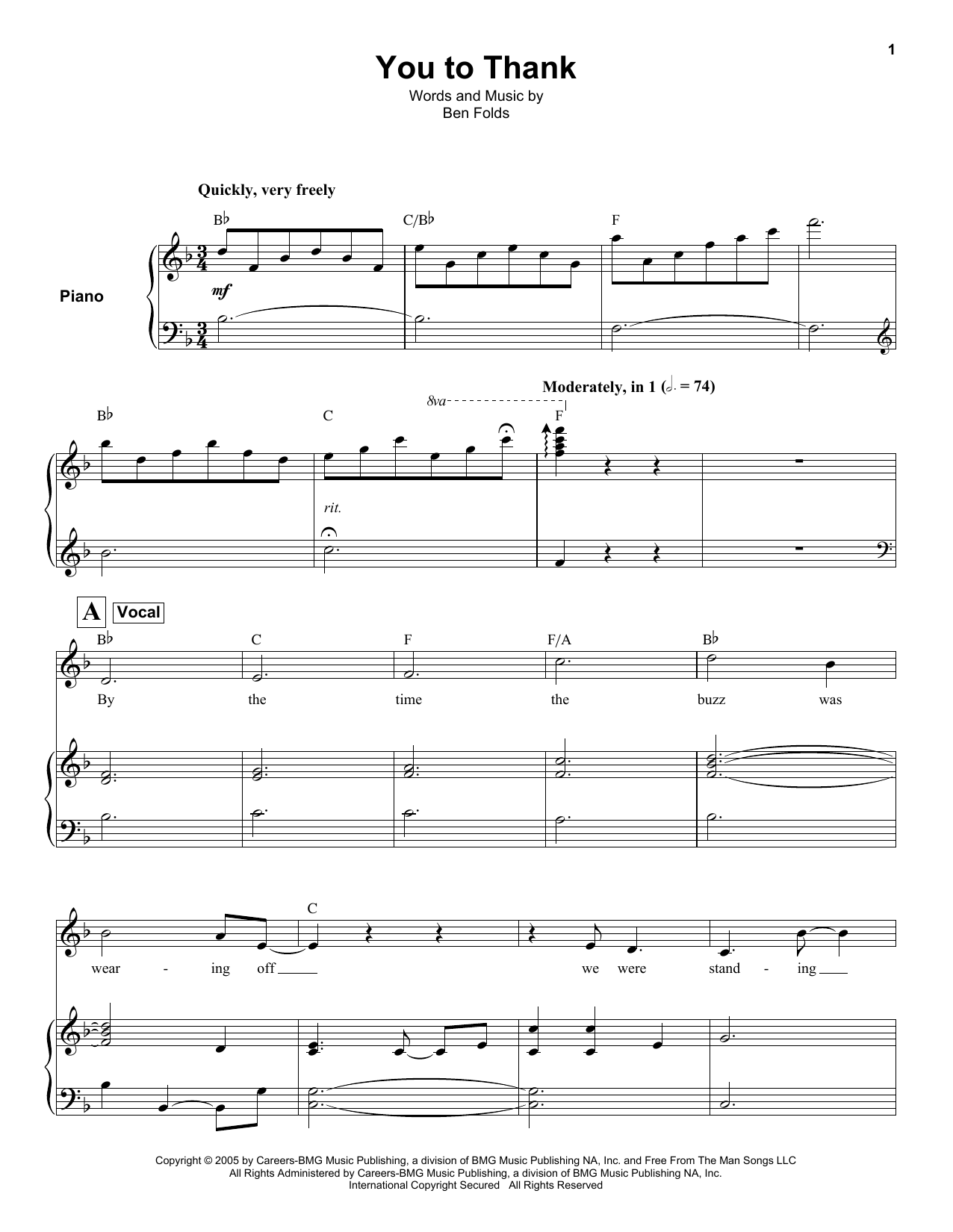 Download Ben Folds You To Thank Sheet Music and learn how to play Keyboard Transcription PDF digital score in minutes