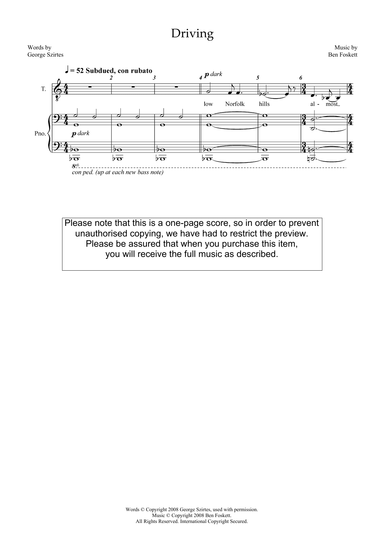 Download Ben Foskett Driving (for tenor & piano) Sheet Music and learn how to play Piano & Vocal PDF digital score in minutes