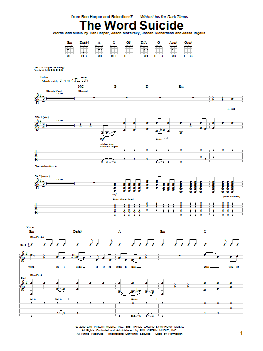 Download Ben Harper and Relentless7 The Word Suicide Sheet Music and learn how to play Guitar Tab PDF digital score in minutes