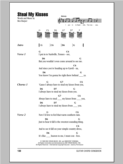 Download Ben Harper And The Innocent Criminals Steal My Kisses Sheet Music and learn how to play Easy Guitar PDF digital score in minutes