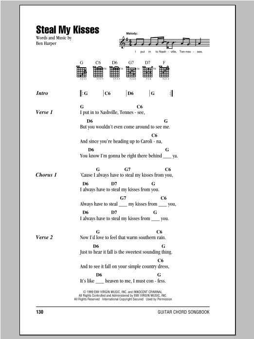 Download Ben Harper And The Innocent Criminals Steal My Kisses Sheet Music and learn how to play Guitar Tab (Single Guitar) PDF digital score in minutes