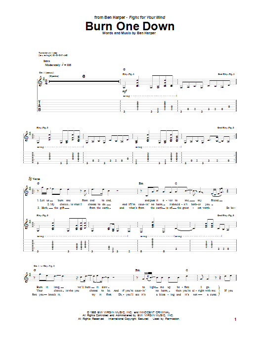 Download Ben Harper Burn One Down Sheet Music and learn how to play Lyrics & Chords PDF digital score in minutes