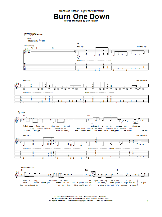 Download Ben Harper Burn One Down Sheet Music and learn how to play Piano, Vocal & Guitar (Right-Hand Melody) PDF digital score in minutes