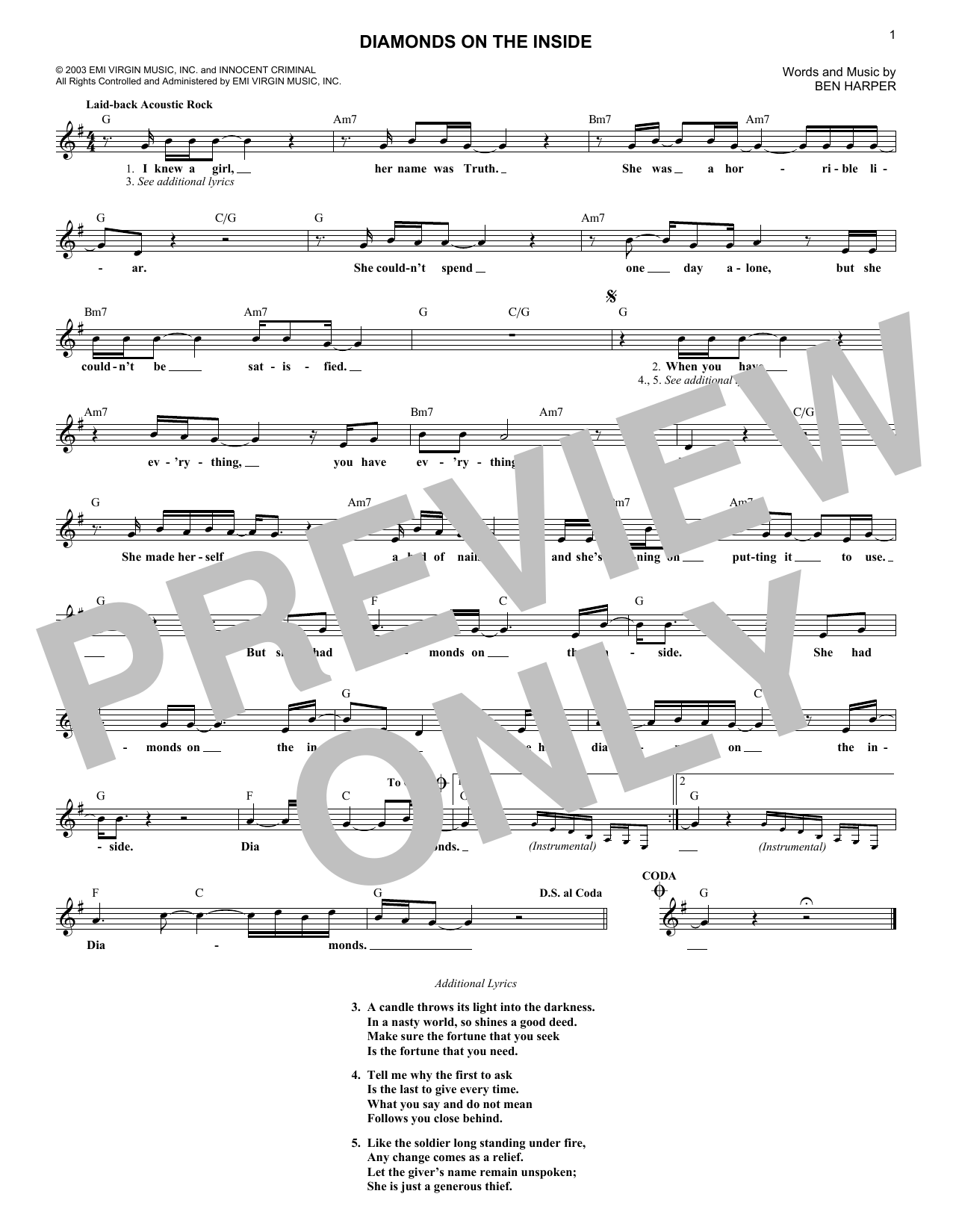 Download Ben Harper Diamonds On The Inside Sheet Music and learn how to play Lead Sheet / Fake Book PDF digital score in minutes