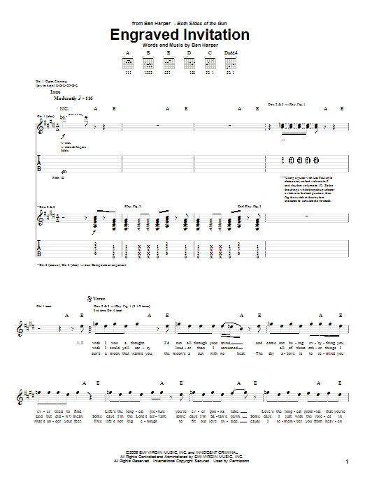 Download Ben Harper Engraved Invitation Sheet Music and learn how to play Guitar Tab PDF digital score in minutes