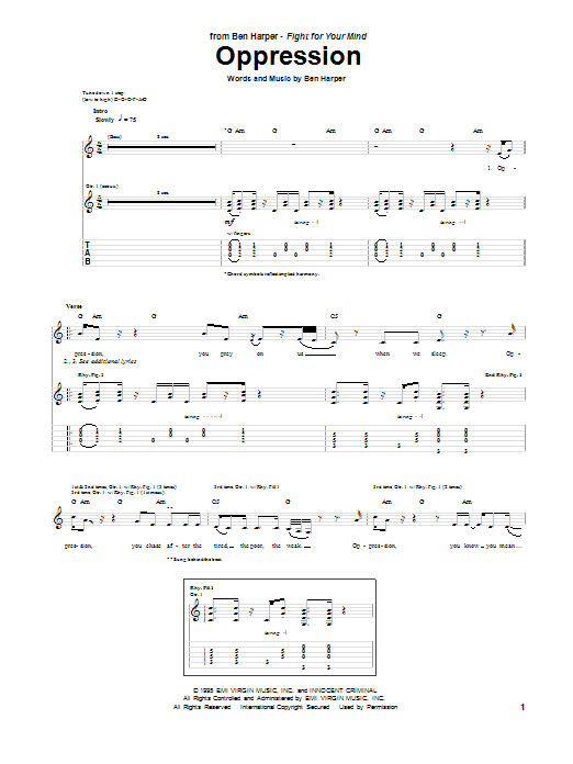 Download Ben Harper Oppression Sheet Music and learn how to play Guitar Tab PDF digital score in minutes