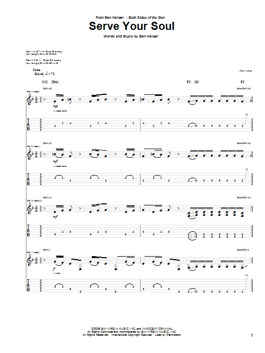 Download Ben Harper Serve Your Soul Sheet Music and learn how to play Guitar Tab PDF digital score in minutes