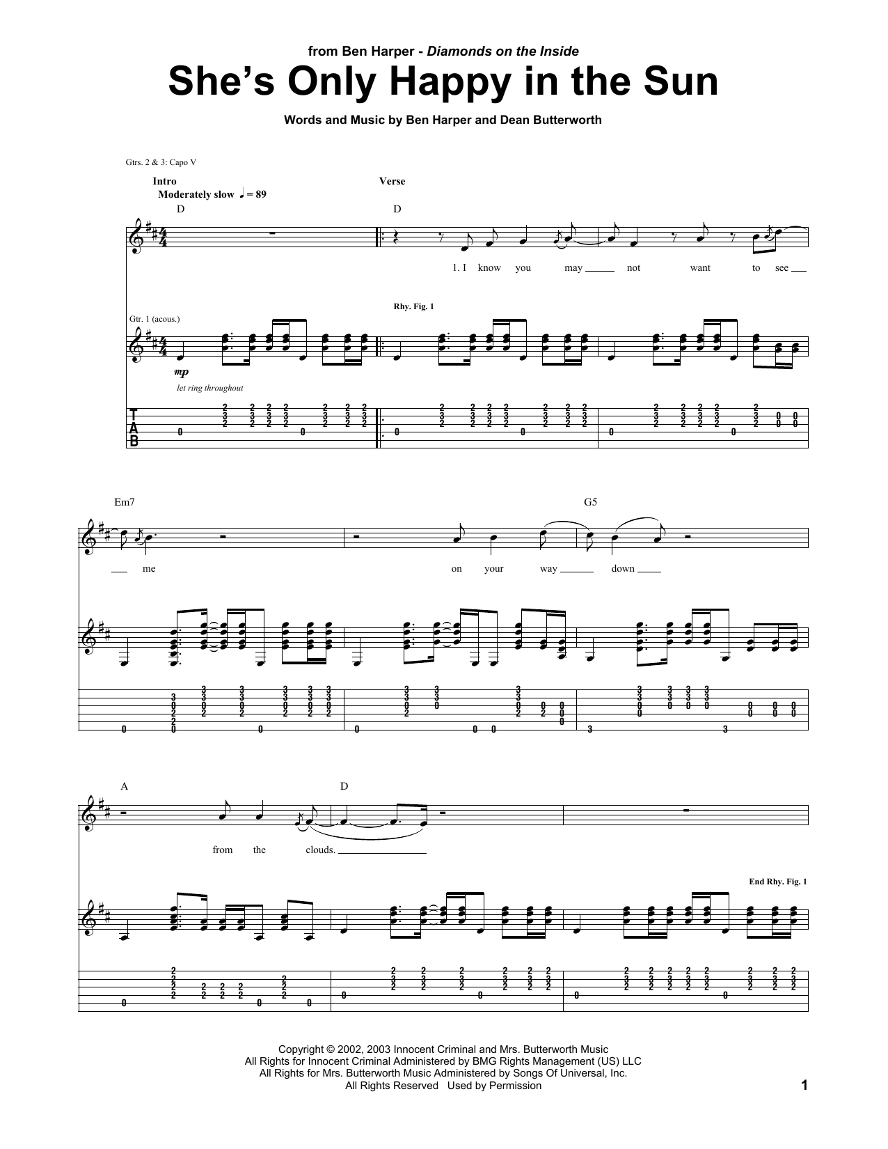 Download Ben Harper She's Only Happy In The Sun Sheet Music and learn how to play Guitar Tab PDF digital score in minutes