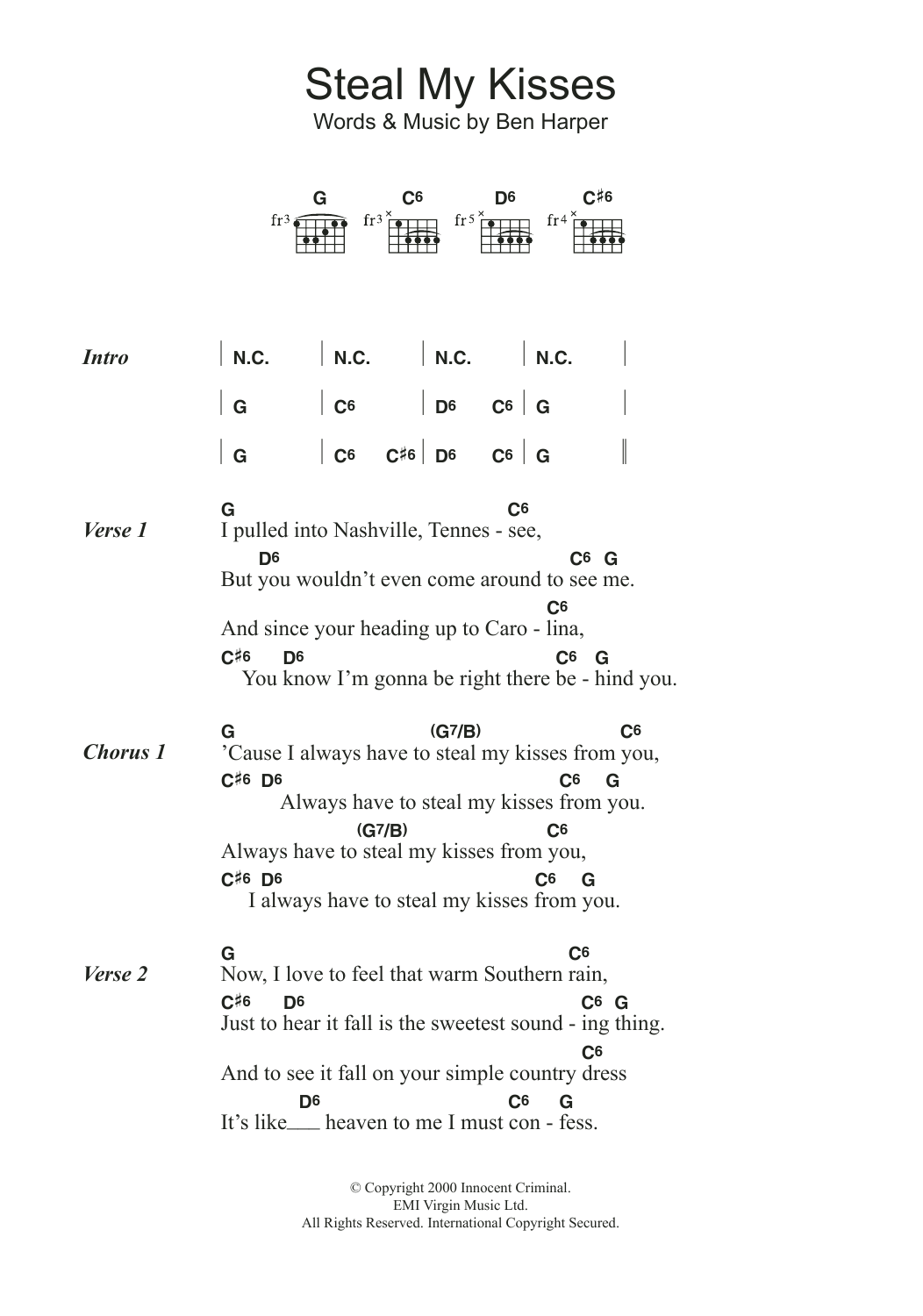 Download Ben Harper Steal My Kisses Sheet Music and learn how to play Lyrics & Chords PDF digital score in minutes