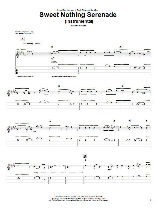 Download Ben Harper Sweet Nothing Serenade (Instrumental) Sheet Music and learn how to play Guitar Tab PDF digital score in minutes