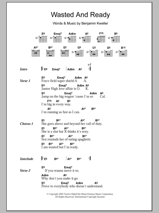 Download Ben Kweller Wasted And Ready Sheet Music and learn how to play Lyrics & Chords PDF digital score in minutes