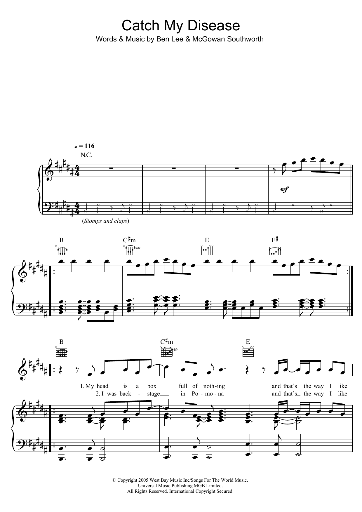 Download Ben Lee Catch My Disease Sheet Music and learn how to play Easy Piano PDF digital score in minutes