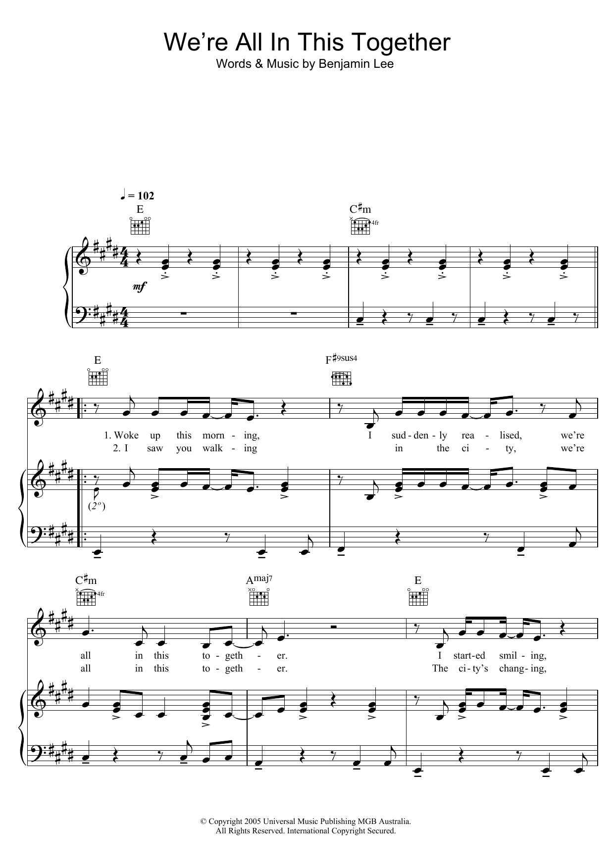 Download Ben Lee We're All In This Together Sheet Music and learn how to play Easy Piano PDF digital score in minutes