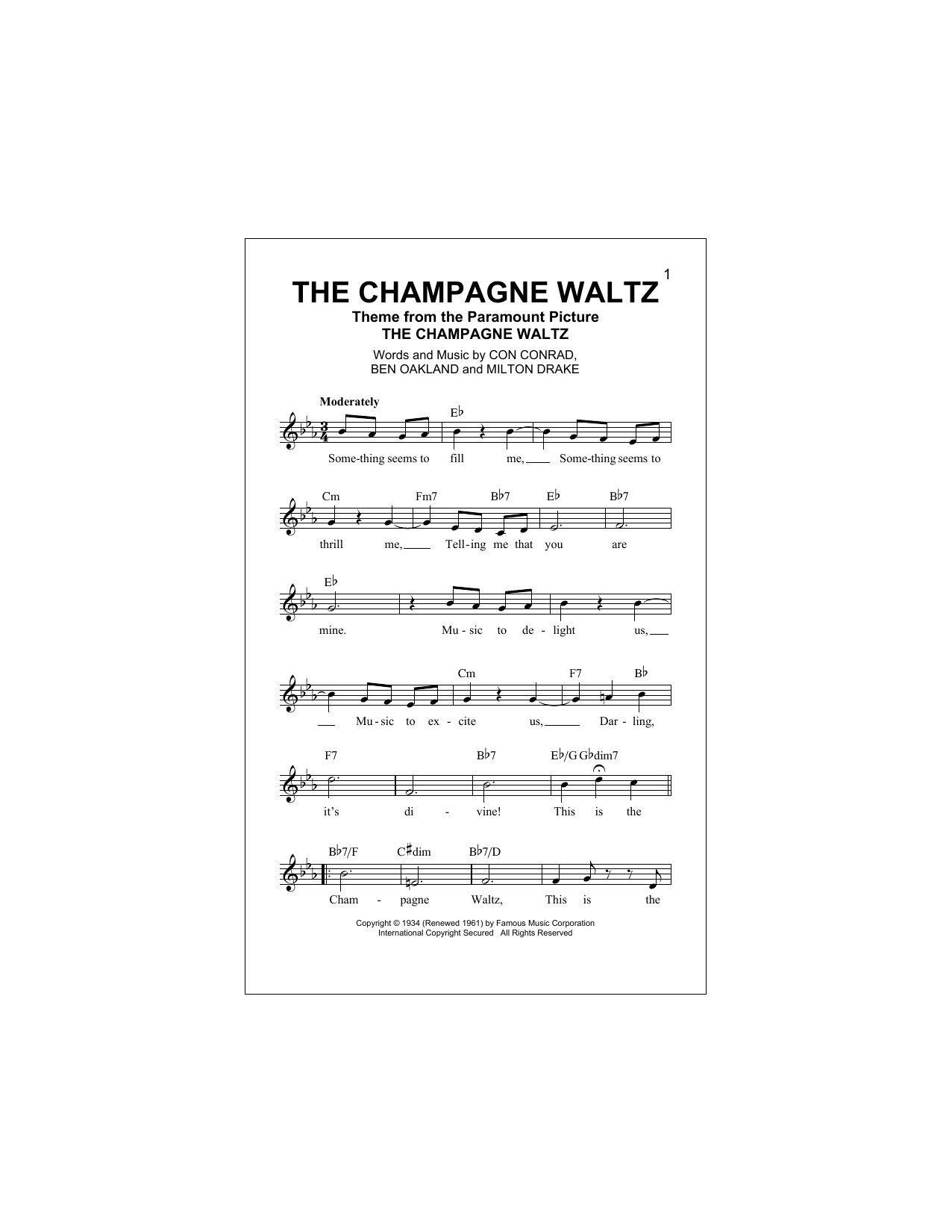 Download Ben Oakland The Champagne Waltz Sheet Music and learn how to play Melody Line, Lyrics & Chords PDF digital score in minutes